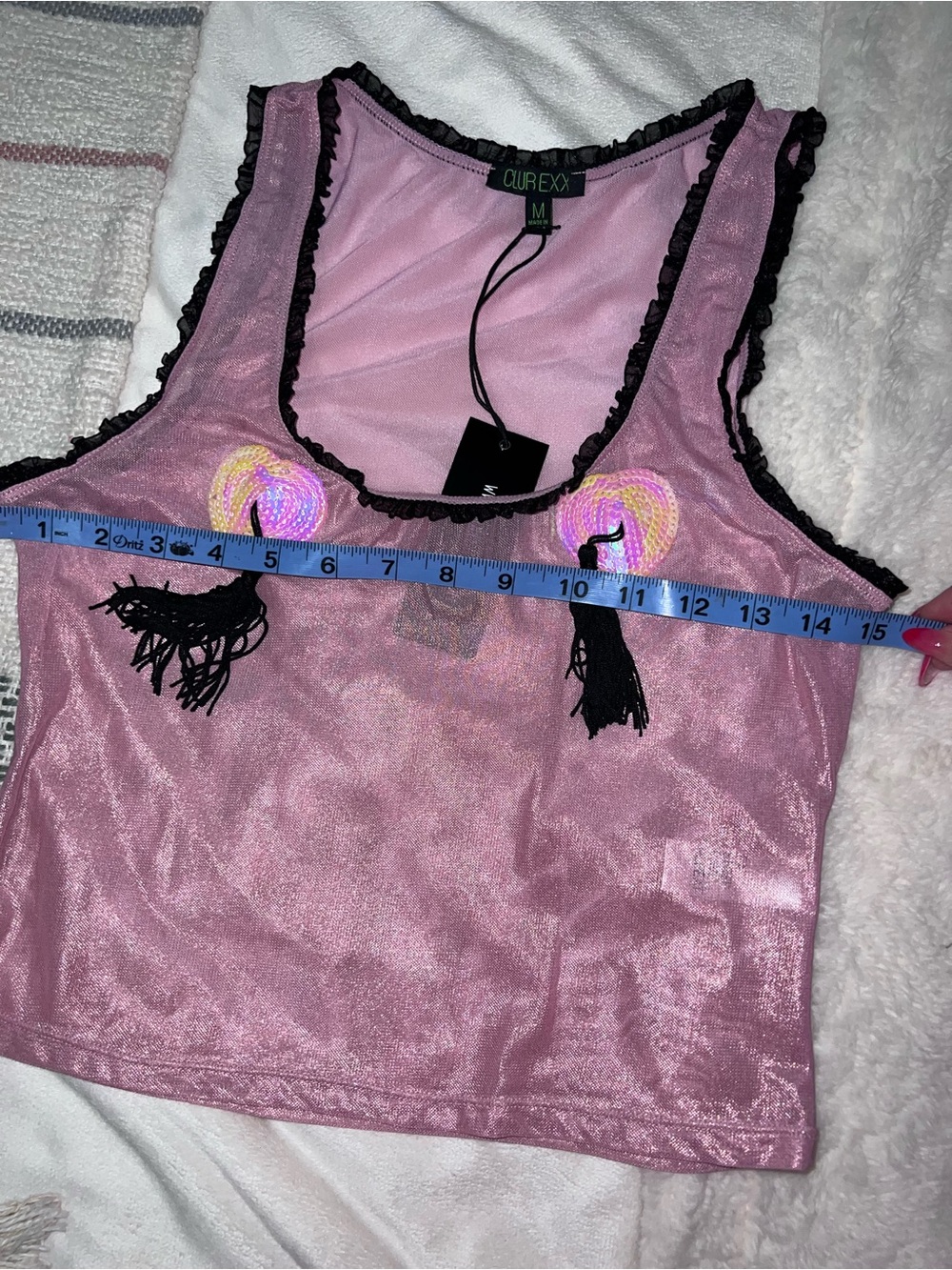 dELiA*s Pink Shimmer Crop Top with Tassel Pasties - Picture 9 of 11